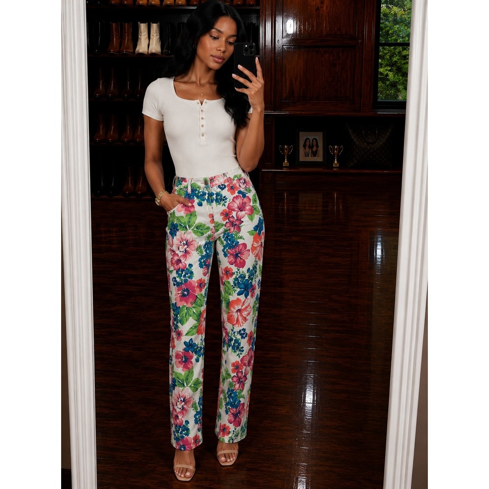 Hannah Denim Tropical Floral Hibiscus Straight Leg Jeans White Multi Size 12